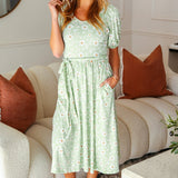 Sunny Days Sage Floral Print Fit & Flare Sash Belt V Neck Dress