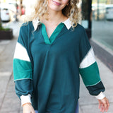 Falling For You Hunter Green Color Block Collared French Terry Top