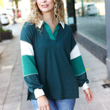 Falling For You Hunter Green Color Block Collared French Terry Top