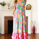 Vacay Vibes Blue Floral Print Sweetheart Twisted Neckline Maxi Dress