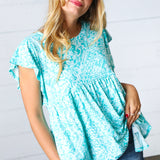 Aqua Boho Print Ruffle Short Sleeve Babydoll Top