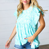 Aqua Boho Print Ruffle Short Sleeve Babydoll Top