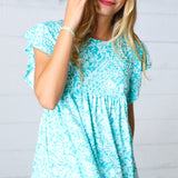 Aqua Boho Print Ruffle Short Sleeve Babydoll Top