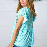 Aqua Boho Print Ruffle Short Sleeve Babydoll Top