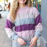 Fall For You Mauve Multicolor Stripe Cable Knit Mock Neck Sweater