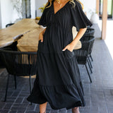 Talk Of The Town Black Elastic V Neck Tiered Maxi Dress