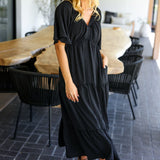 Talk Of The Town Black Elastic V Neck Tiered Maxi Dress