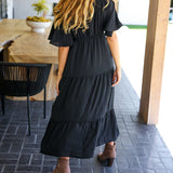 Talk Of The Town Black Elastic V Neck Tiered Maxi Dress