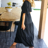 Talk Of The Town Black Elastic V Neck Tiered Maxi Dress