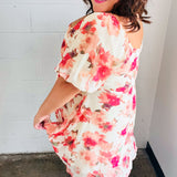 Peach Floral Chiffon Puff Sleeve Dress