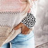 Full Size Openwork Leopard Drawstring Hooded Sweater