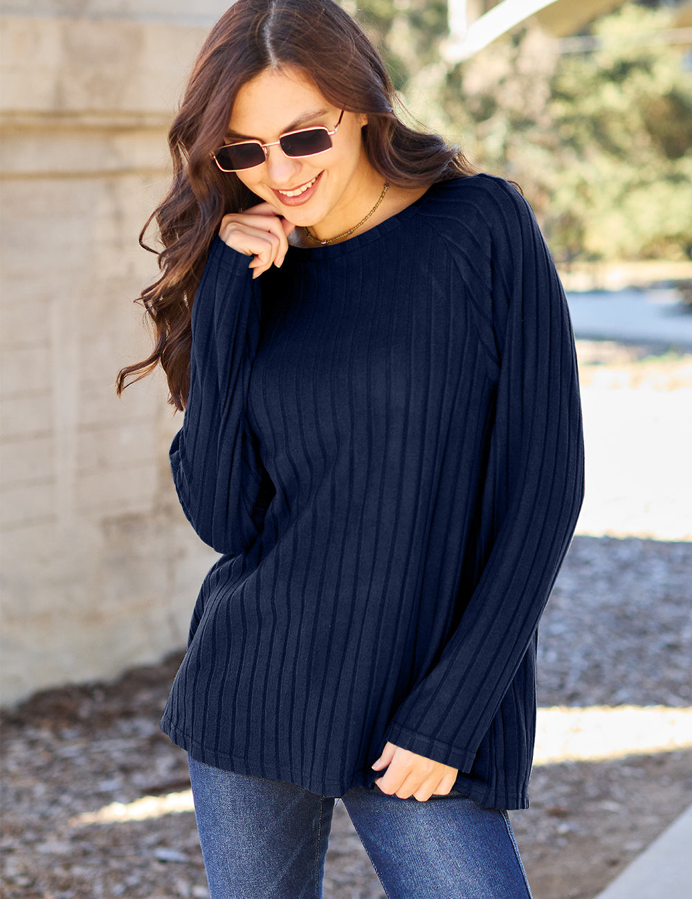 Basic Bae Full Size Ribbed Round Neck Long Sleeve Knit Top