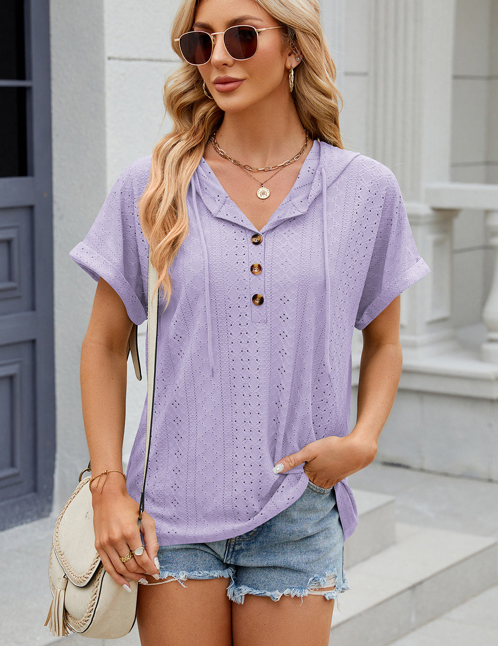 Eyelet Drawstring Hooded Short Sleeve Blouse