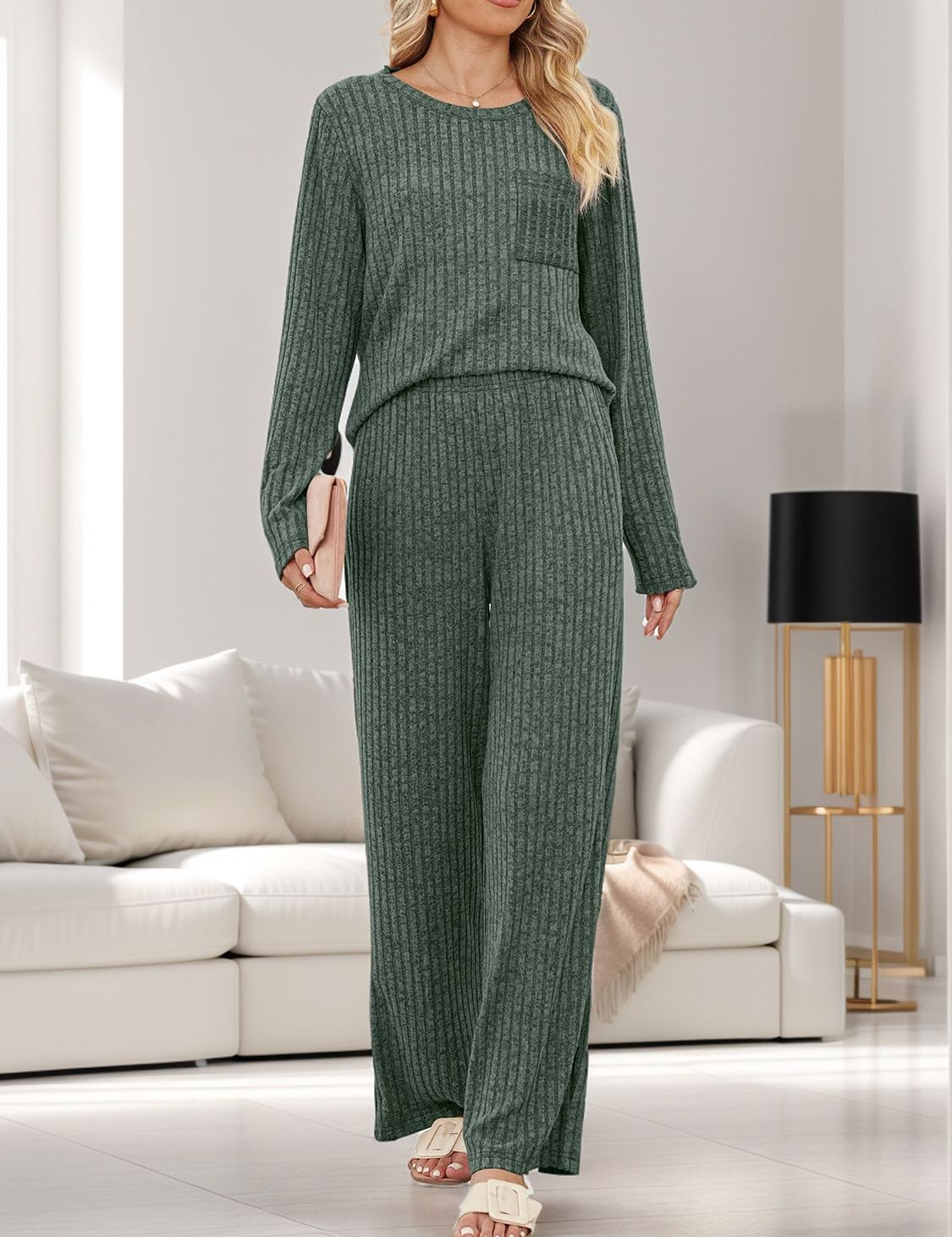 Round Neck Long Sleeve Top and Pants Set