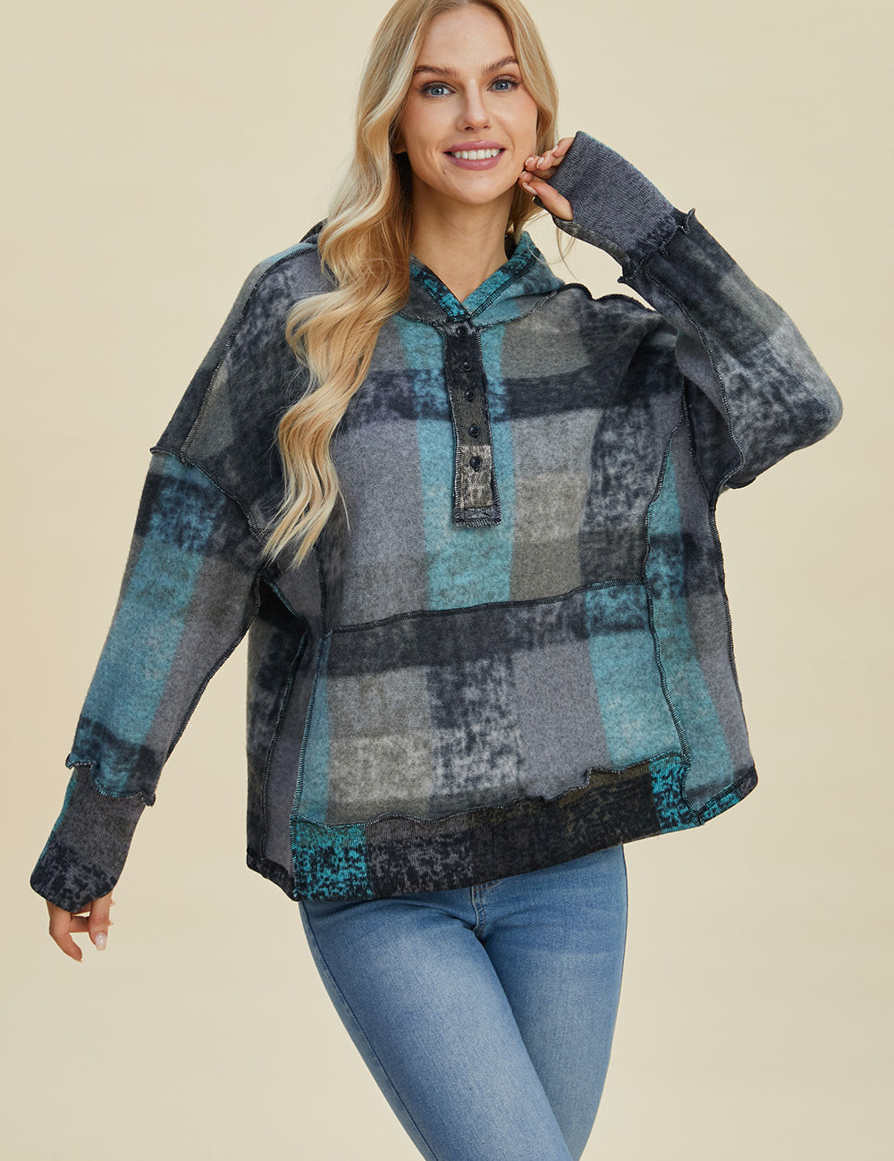 Double Take Full Size Plaid Dropped Shoulder Hoodie