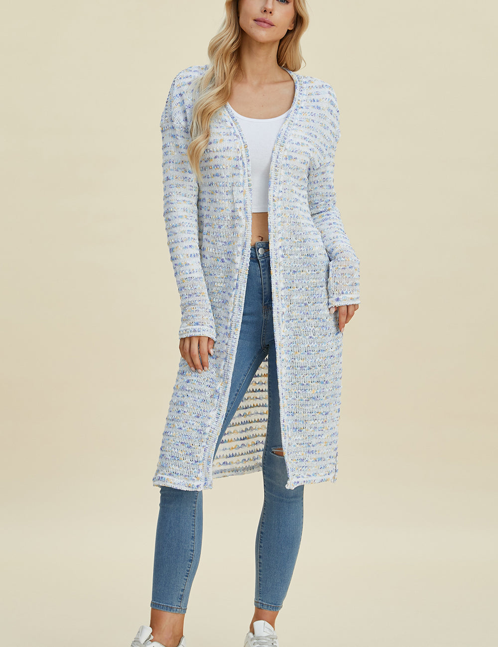 Double Take Full Size Open Front Longline Cardigan