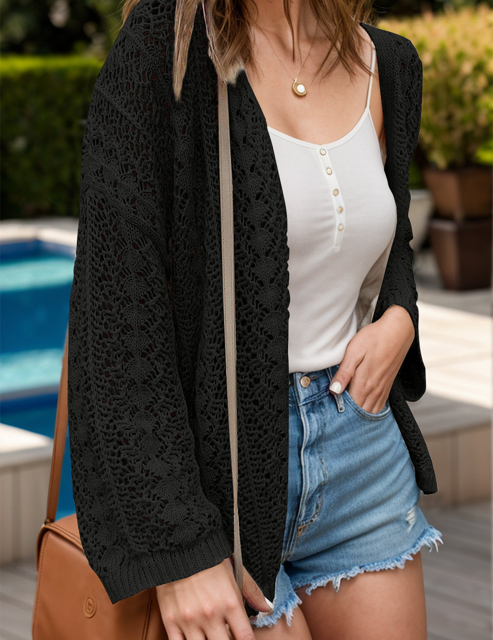 Openwork Open Front Dropped Shoulder Cardigan