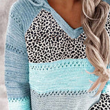 Full Size Openwork Leopard Drawstring Hooded Sweater