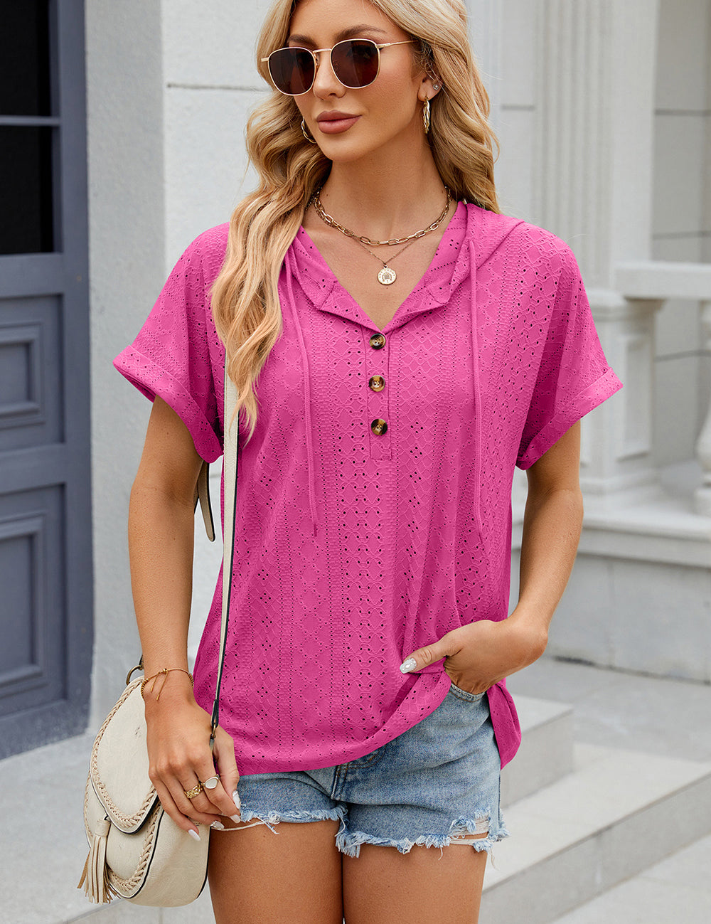 Eyelet Drawstring Hooded Short Sleeve Blouse