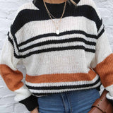 Contrast Striped Round Neck Long Sleeve Sweater