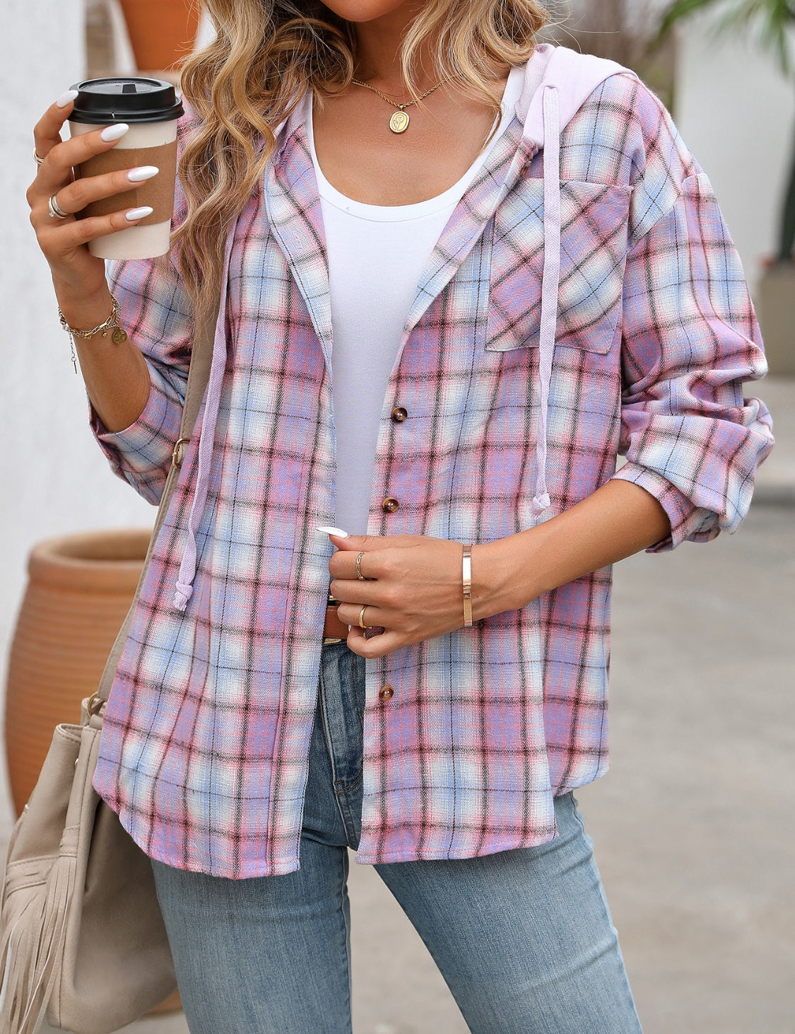 Plaid Long Sleeve Hooded Jacket