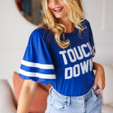 Stand Out Blue "TOUCHDOWN" Sequin Bubble Sleeve Game Day Top