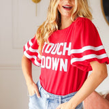 Stand Out Red "TOUCHDOWN" Sequin Bubble Sleeve Game Day Top