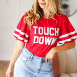 Stand Out Red "TOUCHDOWN" Sequin Bubble Sleeve Game Day Top