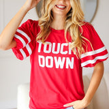 Stand Out Red "TOUCHDOWN" Sequin Bubble Sleeve Game Day Top