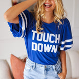 Stand Out Blue "TOUCHDOWN" Sequin Bubble Sleeve Game Day Top