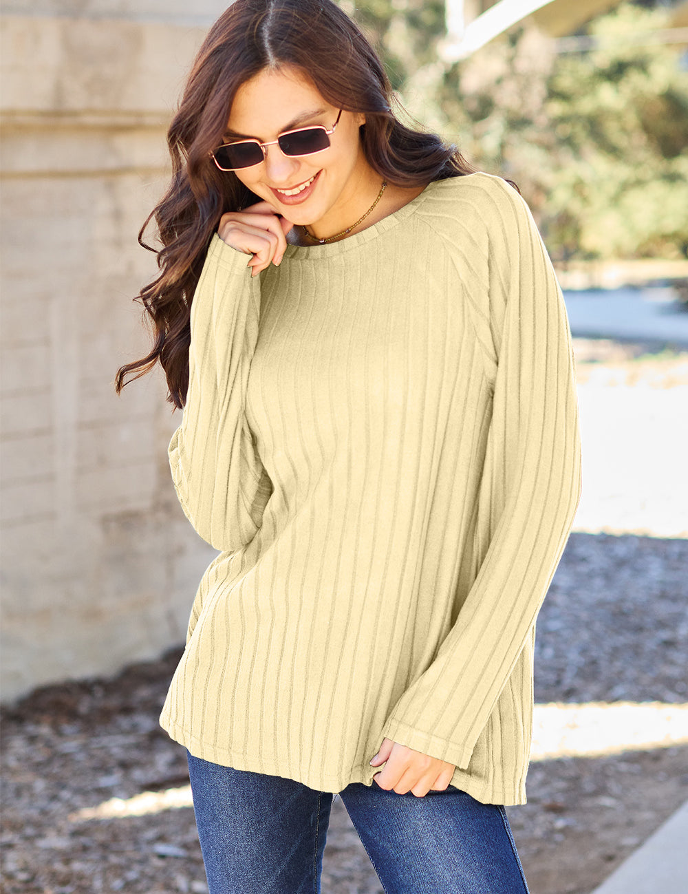 Basic Bae Full Size Ribbed Round Neck Long Sleeve Knit Top