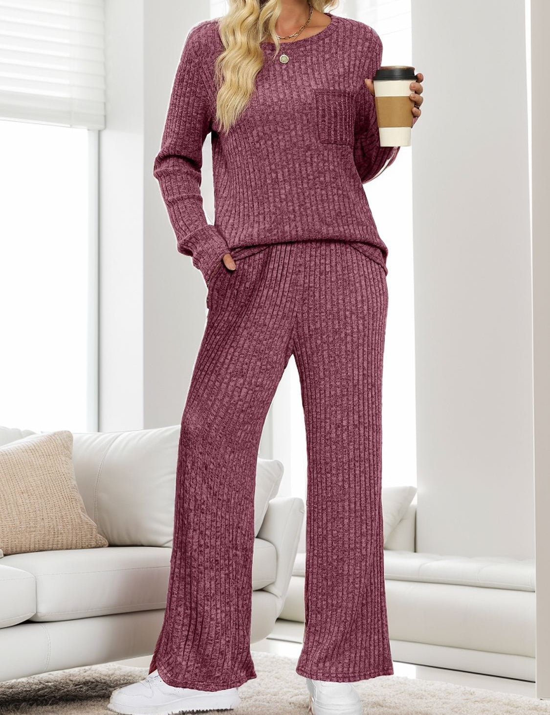 Round Neck Long Sleeve Top and Pants Set