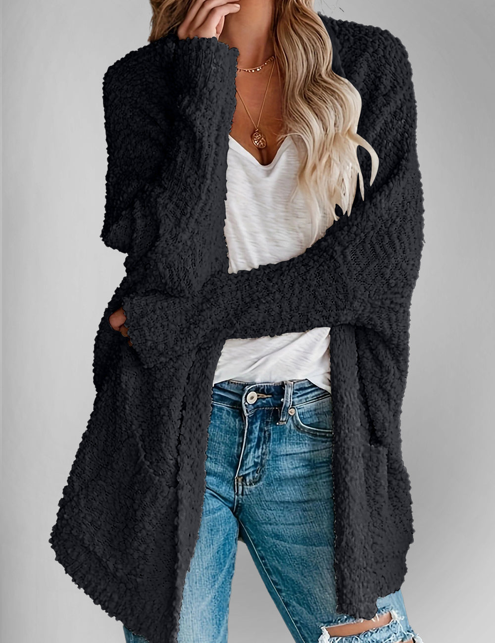 Double Take Pocketed Open Front Long Sleeve Cardigan