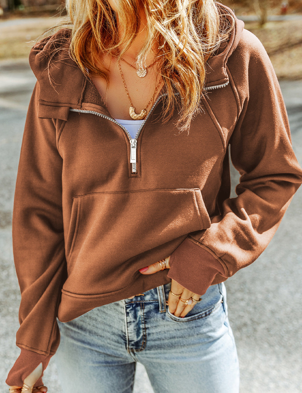 Double Take Half-Zip Thumbhole Sleeve Hoodie