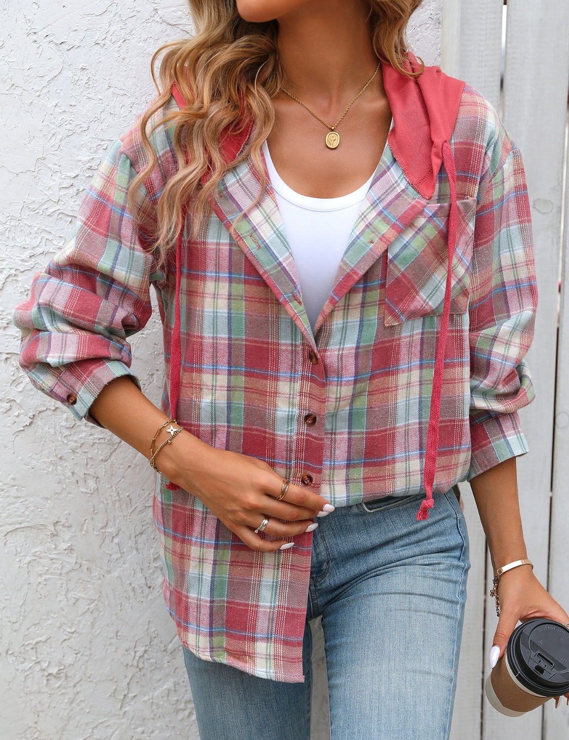 Plaid Long Sleeve Hooded Jacket