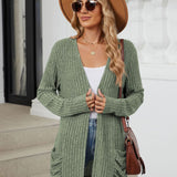 Pocketed Open Front Long Sleeve Cardigan