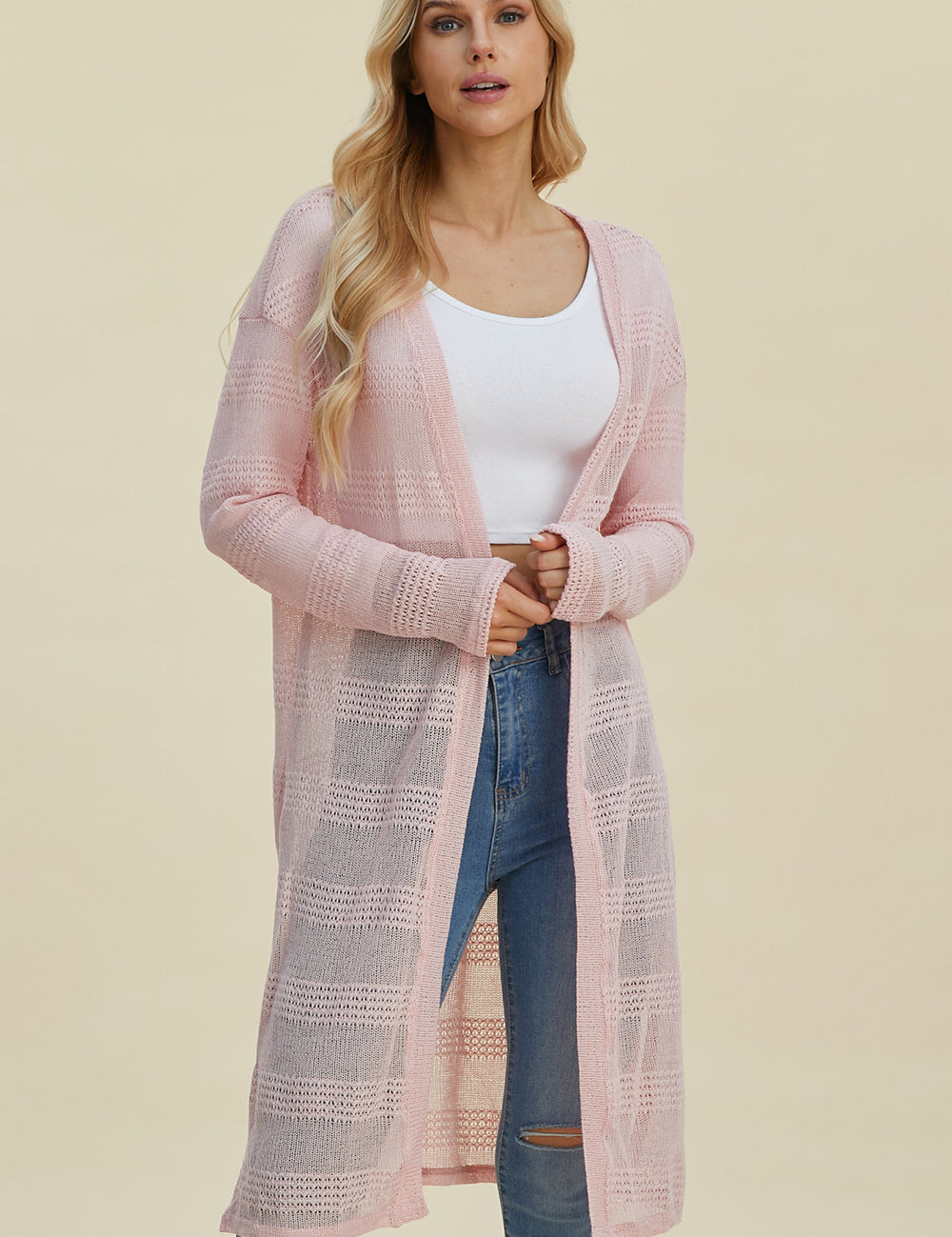 Double Take Full Size Open Front Longline Cardigan