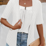 Full Size Faux Layered Decorative Button Half Sleeve Blouse