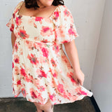 Peach Floral Chiffon Puff Sleeve Dress