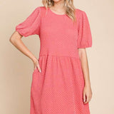 Culture Code Full Size Textured Round Neck Puff Sleeve Dress