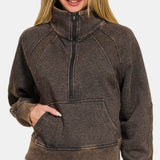 Zenana Acid Washed Half Zip Fleece Sweatshirt