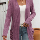 Open Front Long Sleeve Ribbed Cardigan