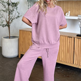 Double Take Full Size Texture Short Sleeve Top and Pants Set