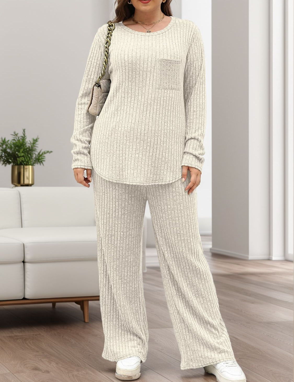 Round Neck Long Sleeve Top and Pants Set