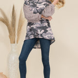 Celeste Full Size Camo Print High-Low T-Shirt with Stripe Sleeves