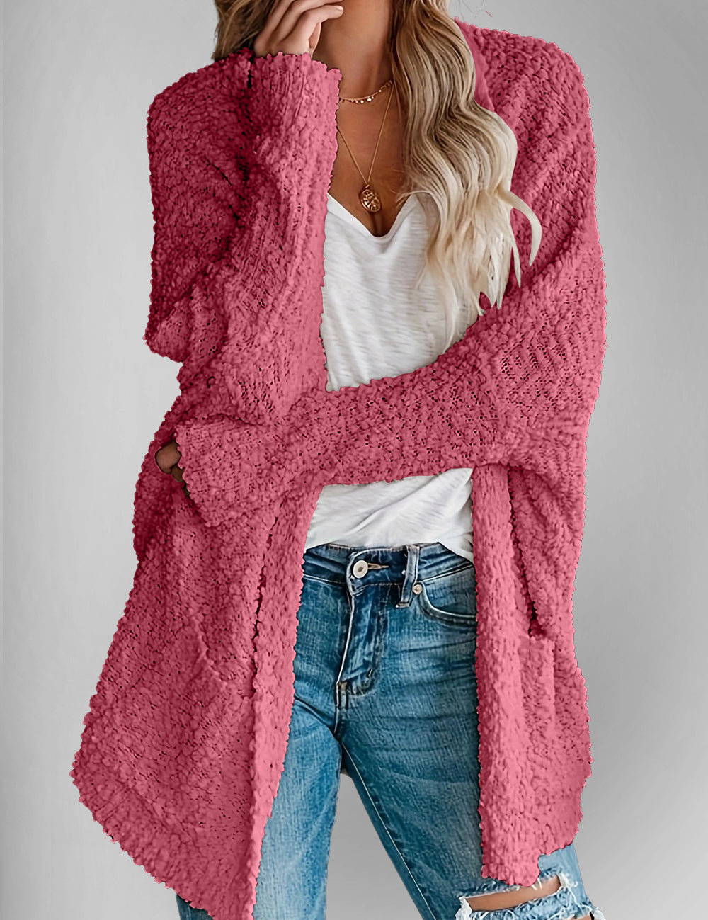 Double Take Pocketed Open Front Long Sleeve Cardigan