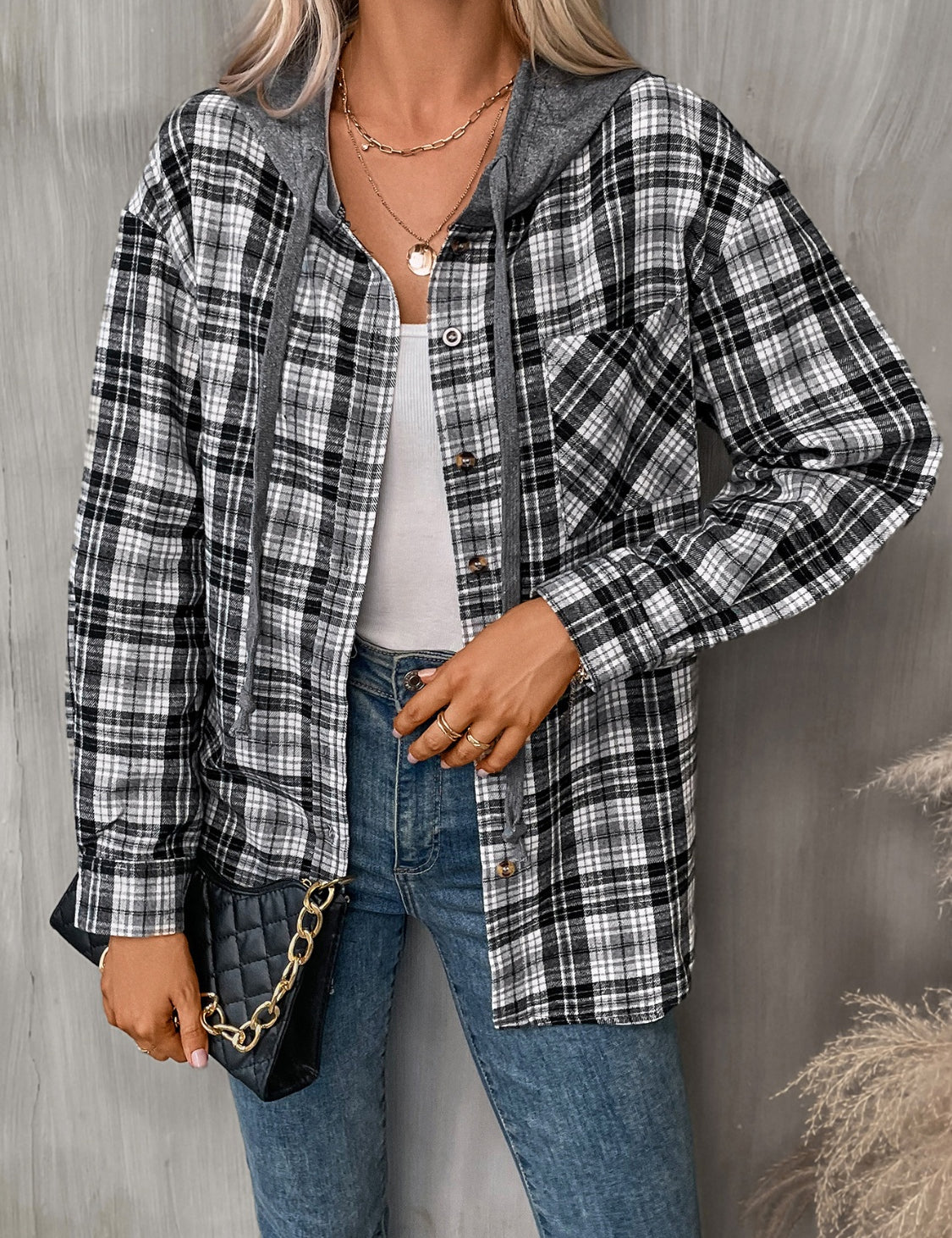 Plaid Long Sleeve Hooded Jacket