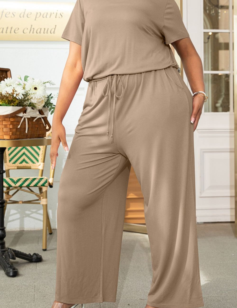 Plus Size Drawstring Waist Short Sleeve Jumpsuit