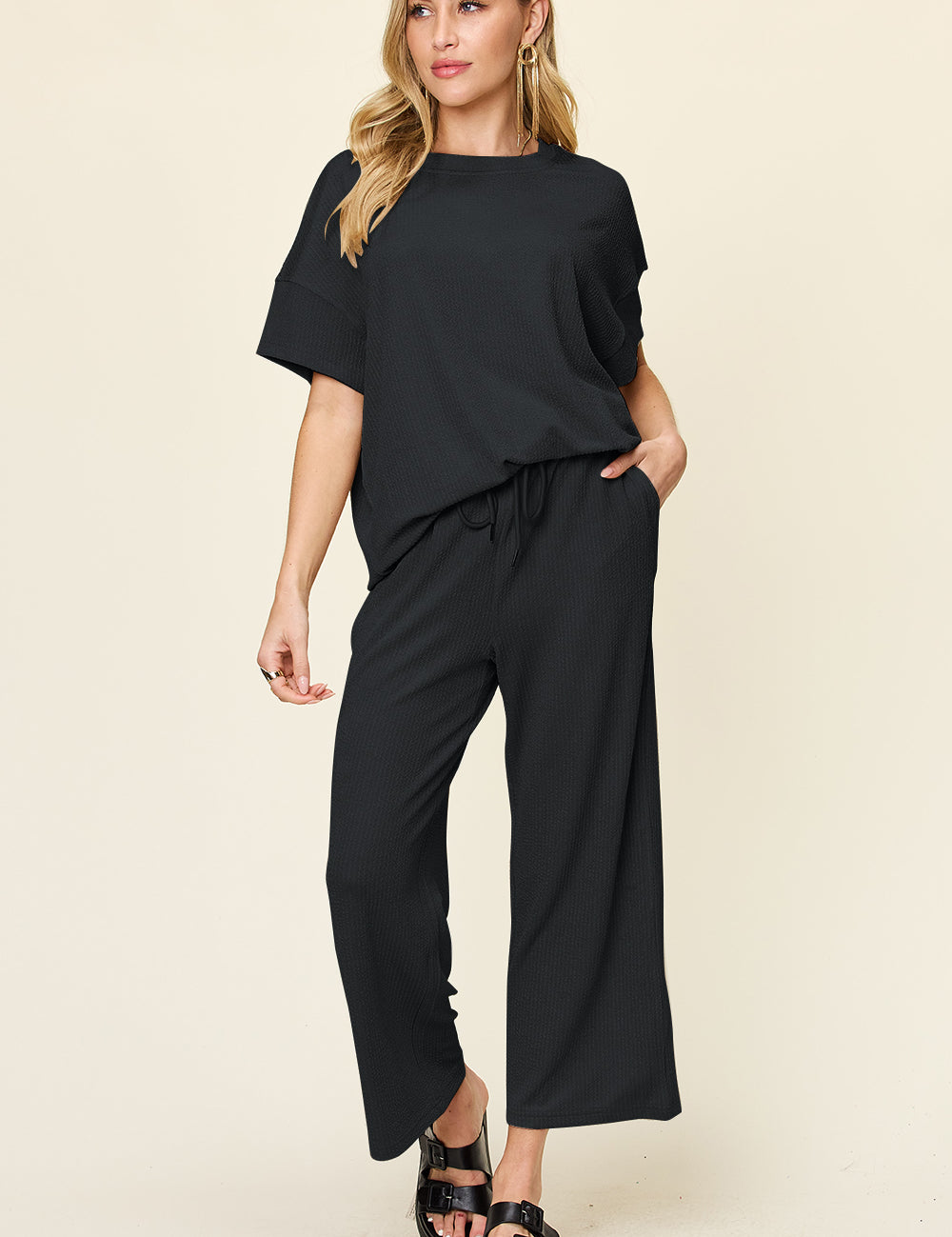 Double Take Full Size Texture Round Neck Short Sleeve T-Shirt and Wide Leg Pants