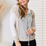 Double Take Color Block Exposed Seam Drawstring Hoodie